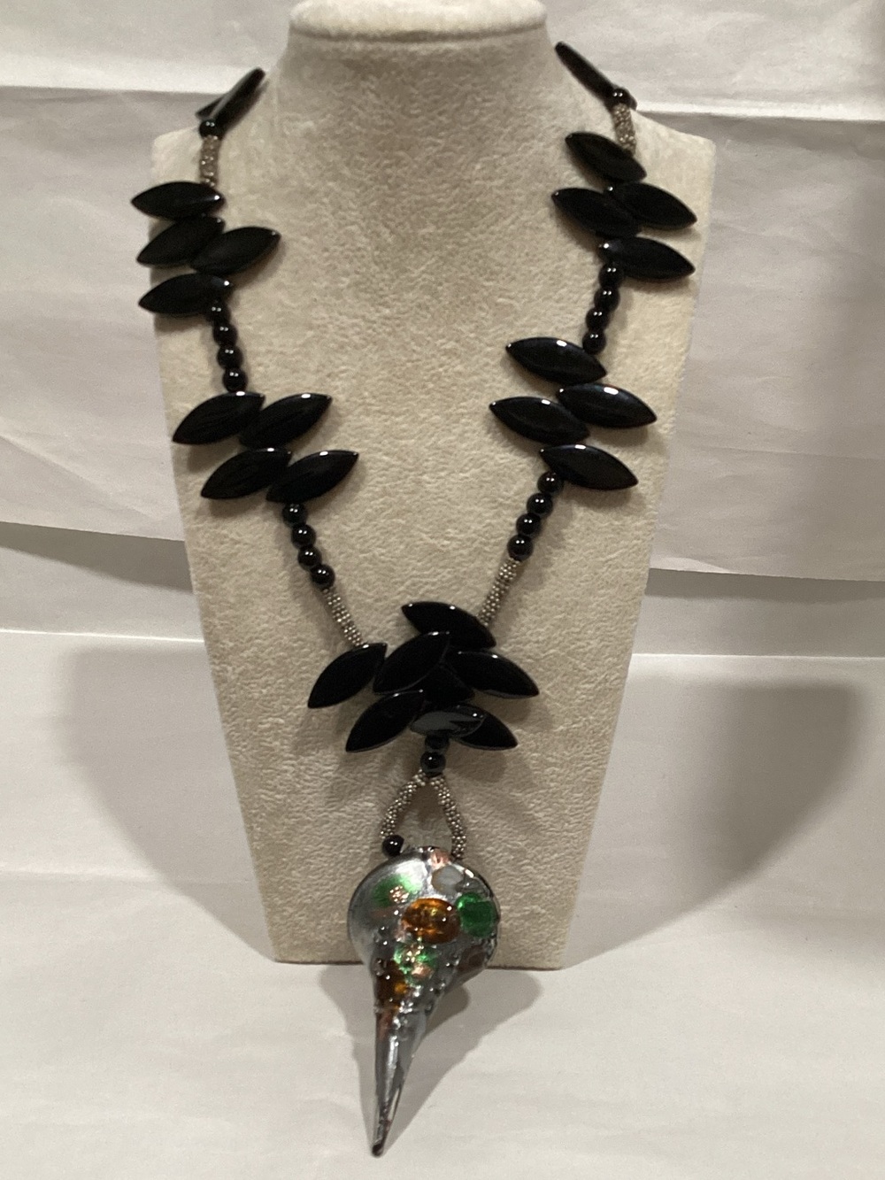 Black Beaded Statement Necklace with Glass Pendant